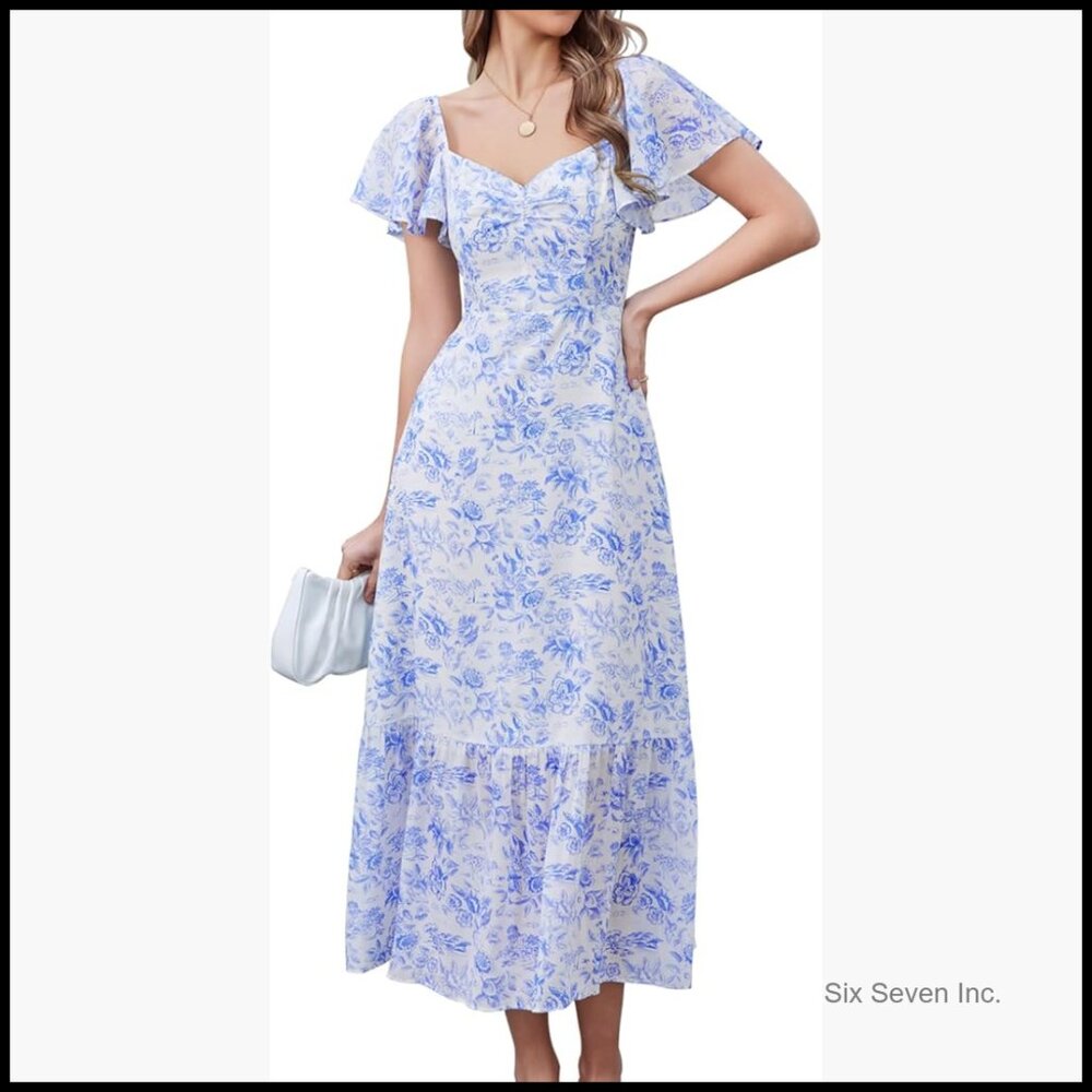 100% Polyester Midi Floral Boho Dress Smocked Back Ruffle Hem